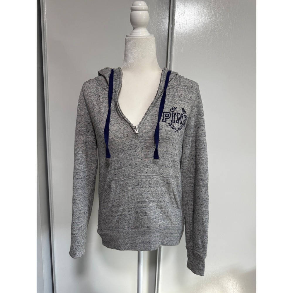 PINK Victoria's Secret Heather Gray Quarter Zip Hoodie Navy Logo Small